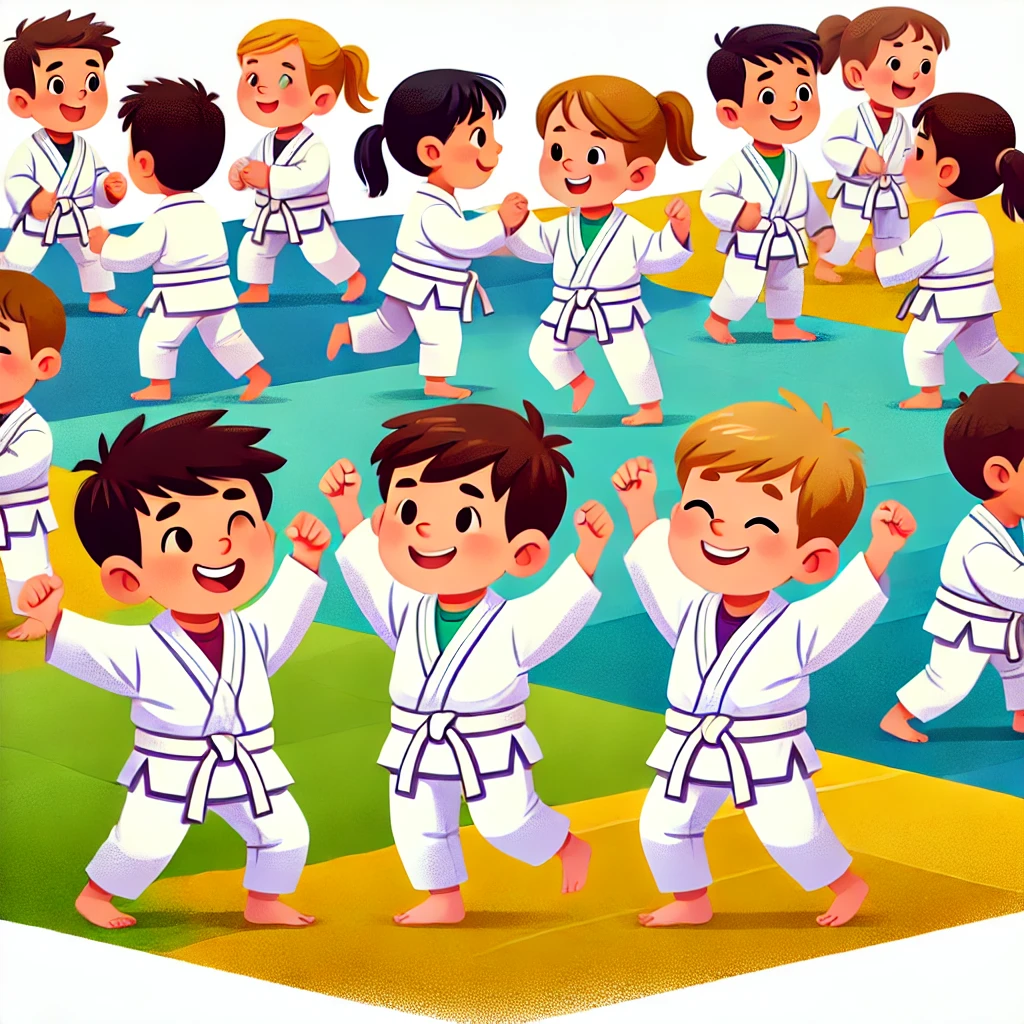 Otroci na judo vadbi v šolski telovadnici